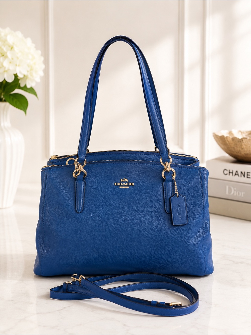Coach Blue Leather Triple Compartment Carryall Tote Shoulder Bag